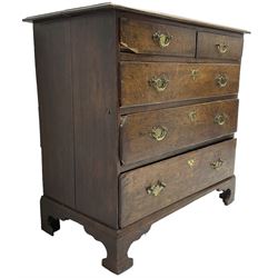 George III oak chest, moulded rectangular top over two short and three long graduating drawers, raised on bracket feet