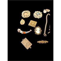 9ct gold brooch, silver brooches including hardstone set dirk brooch, silver chain links and a collection of Victorian and later costume jewellery including hairwork brooch and locket