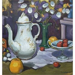 Peter W Miller (Scottish Contemporary): 'Still Life with Coffee Pot and Honesty', oil on panel signed and dated 1991, titled verso 34cm x 32cm