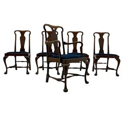 Set five early 20th century mahogany Queen Anne style dining chairs, vase shaped splat backs over drop in upholstered seat in blue cover, cabriole front supports joined by turned H-shaped stretchers, one carver and four side chairs 