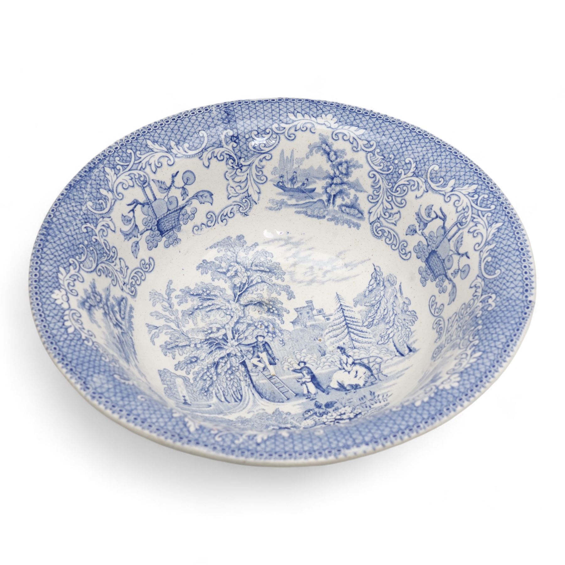 Pewter plate, 19th century blue and white wash bowl, Asiatic Pheasant pattern meat plate, L44cm and another meat plate (4)