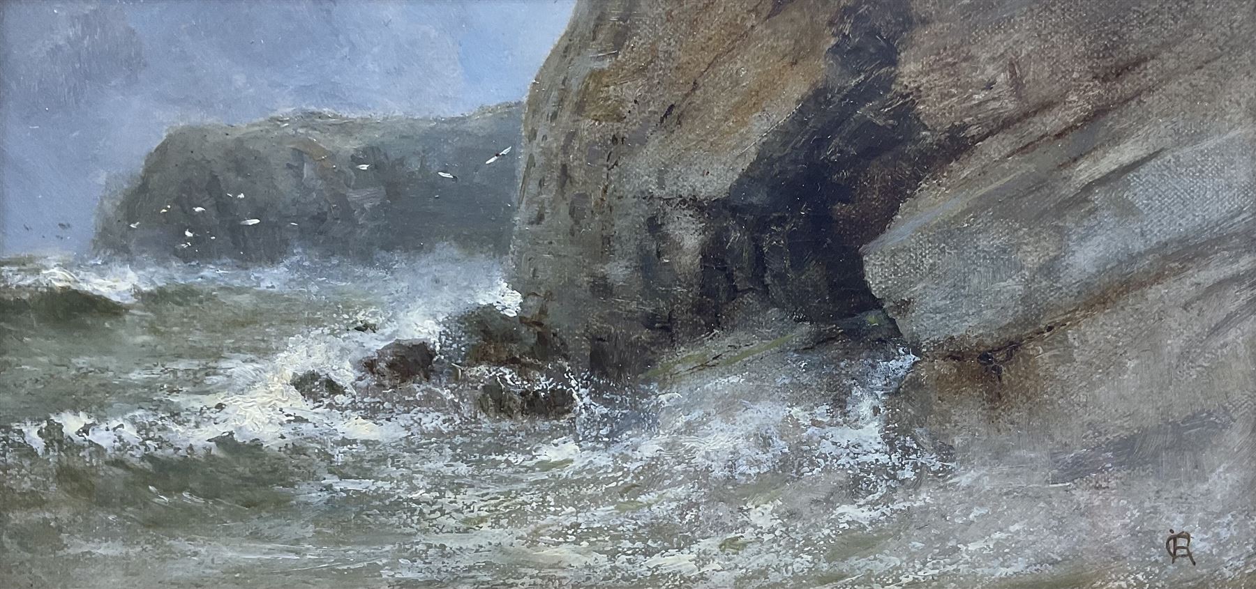 C Rutherford (British early 20th century): ‘On the North East Coast’, oil on canvas signed with monogram, titled and dated 1911 on the slip 16cm x 33cm