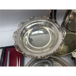 Collection of silver plate, to include pedestal dish, candle sticks, tea service etc  