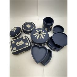 Wedgwood dark blue Jasperware covered trinket boxes of various shapes 