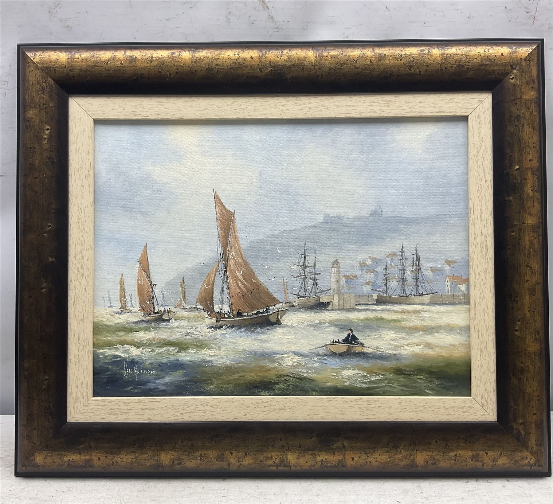 Ken Hammond (British 1948-): 'Fishing Fleet at Newlyn' and 'Fishing Fleet Leaving Whitby', pair oils on canvas signed, titled verso 29cm x 39cm (2)