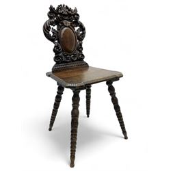 19th century oak hall chair, shaped and pierced back carved with crown cresting over curled and scrolled acanthus leaves, tapered rectangular seat with foliate carved corners and fluted chamfered edge, on turned and lobe carved splayed supports 