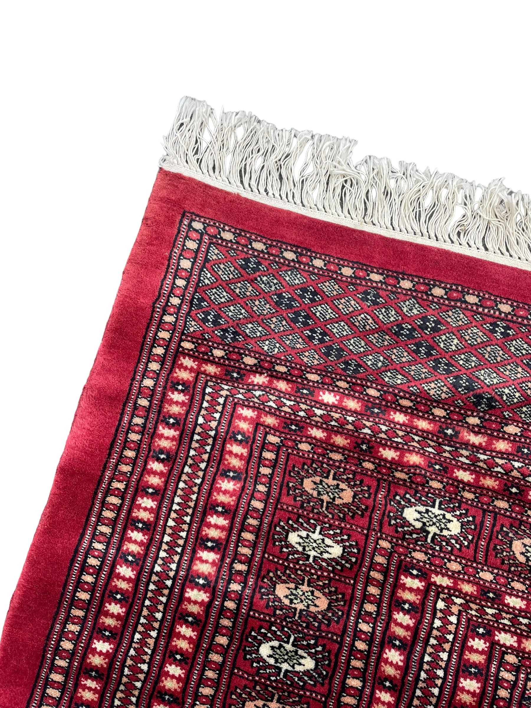 Persian Bokhara red ground carpet, decorated with six rows of traditional Gul motifs, multiple band border decorated with geometric patterns and motifs 