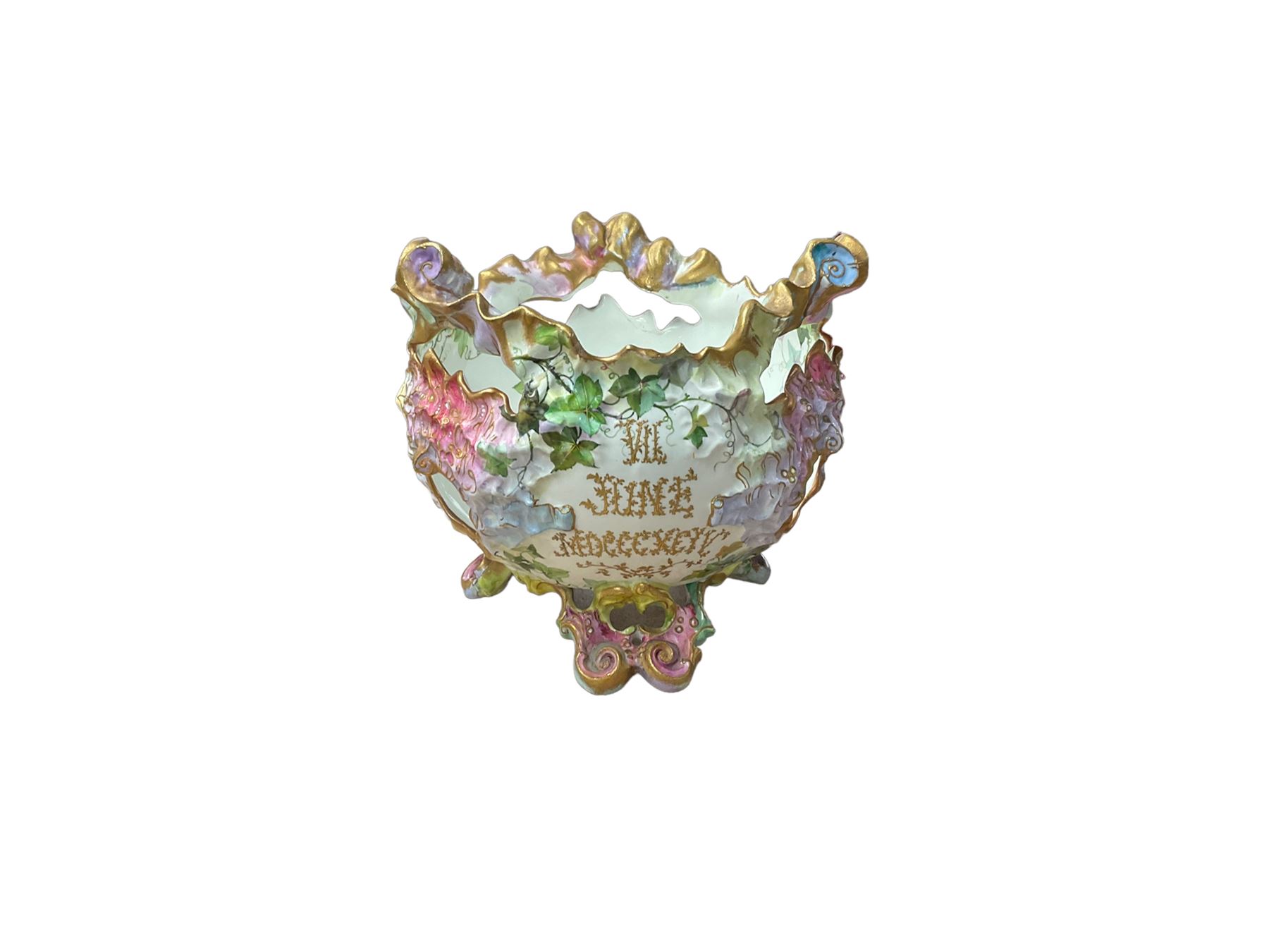 Jardinière, decorated with foliage, with gilt writing to the central panel, H24cm 