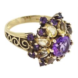 9ct gold round cut amethyst and pear cut citrine flower head cluster ring, Birmingham 2002