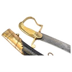 George III  British Grenadier Officer's private purchase scimitar, the 71.5cm curving blade with traces of bluing and gilding, brass hilt with D-shaped langets, one applied with a flaming grenade, knucklebow and chequered ivory grip; in leather covered scabbard with copper or brass mounts and two suspension rings, L86.5cm overall
This item has been registered for sale under Section 10 of the APHA Ivory Act 