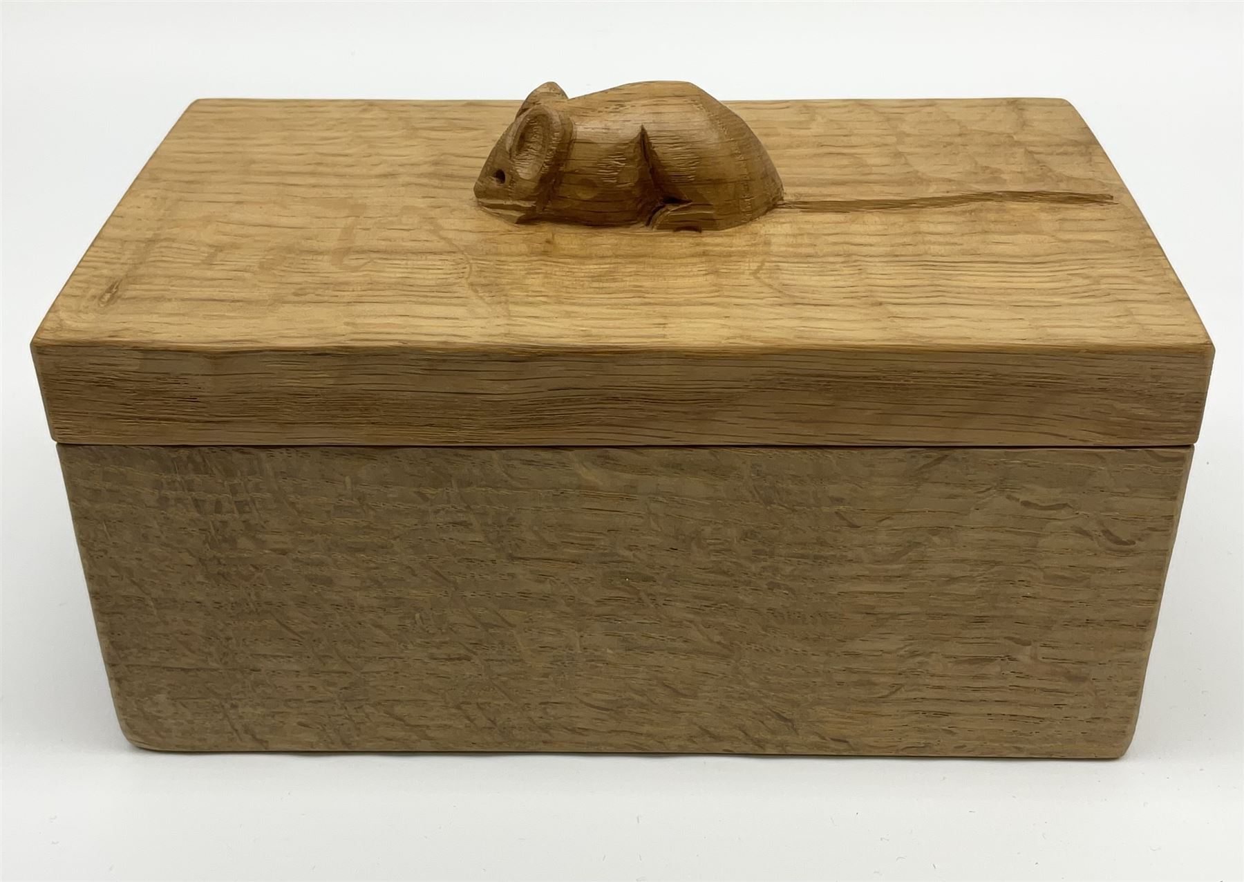 'Mouseman' adzed light oak trinket box with cover, carved mouse signature, by Robert Thompson of Kilburn