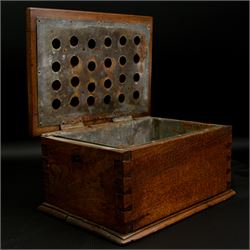 Victorian mahogany carriage foot warmer with pieced hinged lid and metal lined interior, Victorian copper samovar, with brass tap, by W. Baily & Sons, H49cm, together with a heavy cut glass barrel form liquor stand (3)