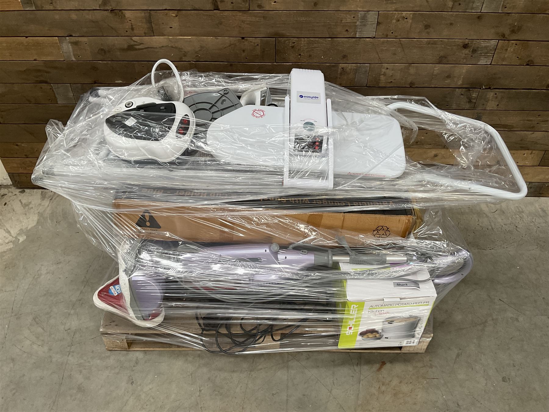 Four pallets of domestic goods to include, cleaning equipment, vacuums, exercise equipment, cooking items, Brother printer, garden loungers, irons and more… approx. 60 items