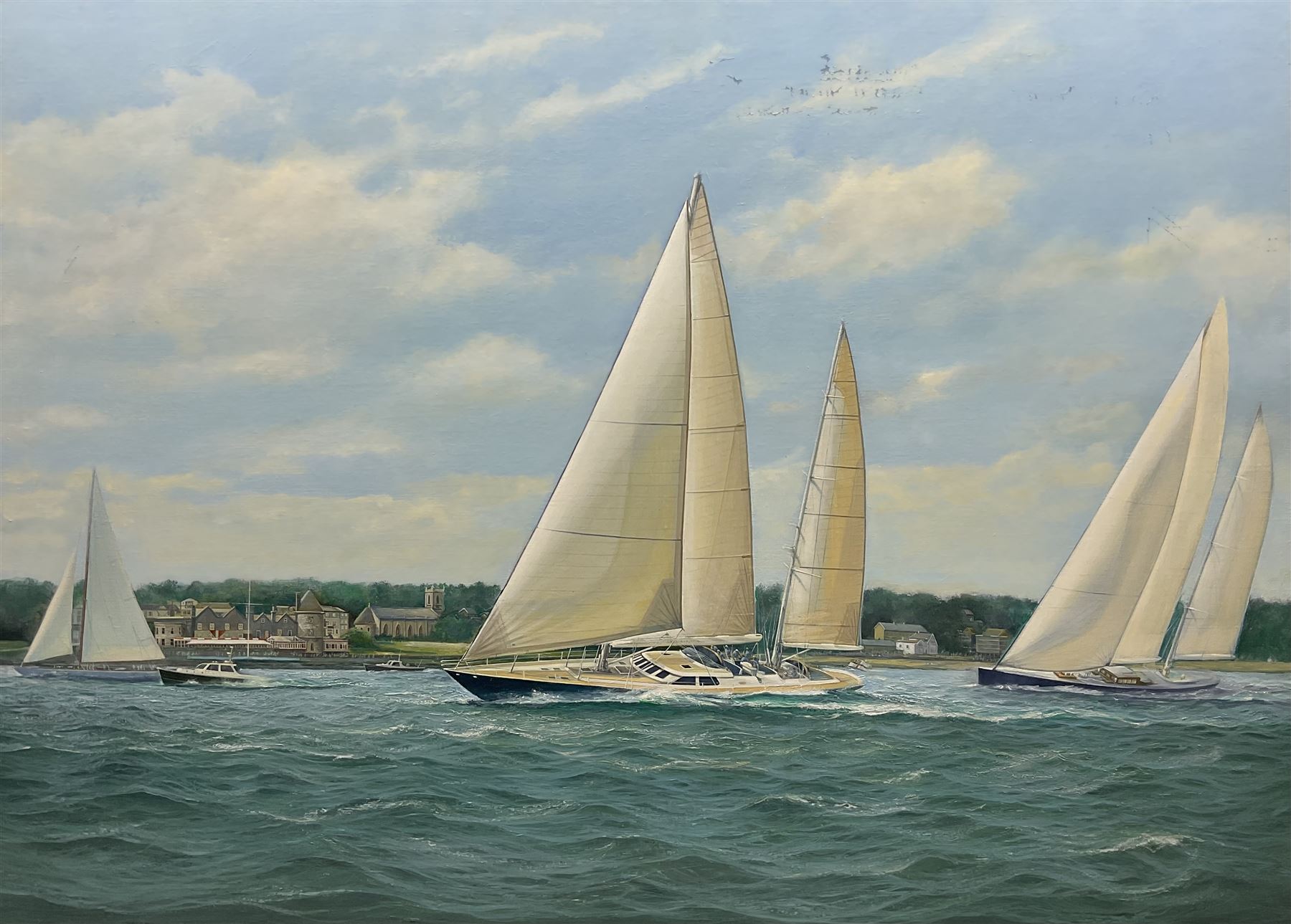 Brian Mays (British 1938-2005): Racing Yacht 'Charlatan' passing the British Yacht Squadron Building, oil on canvas, signed and titled verso 76cm x 107cm (unframed) 
Provenance: direct from the family of the artist