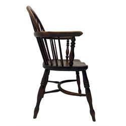 19th century yew wood and elm Windsor armchair, low double hoop stick and pierced splat back, dished seat on turned supports united by crinoline stretchers