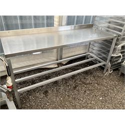 Aluminium framed preparation table with stainless top, barred under-tier, raised back, fixing bolts on top - THIS LOT IS TO BE COLLECTED BY APPOINTMENT FROM DUGGLEBY STORAGE, GREAT HILL, EASTFIELD, SCARBOROUGH, YO11 3TX