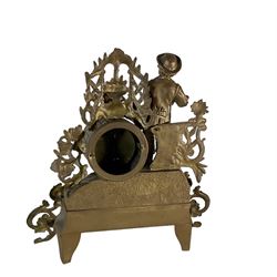 19th century - French gilt spelter 8-day timepiece mantle clock, with an ornate rococo case on splayed feet, drum movement with a cast figure of a gardener, flowers and gardening tools, white enamel dial with Roman numerals, minute markers and matching steel moon hands. With pendulum.   