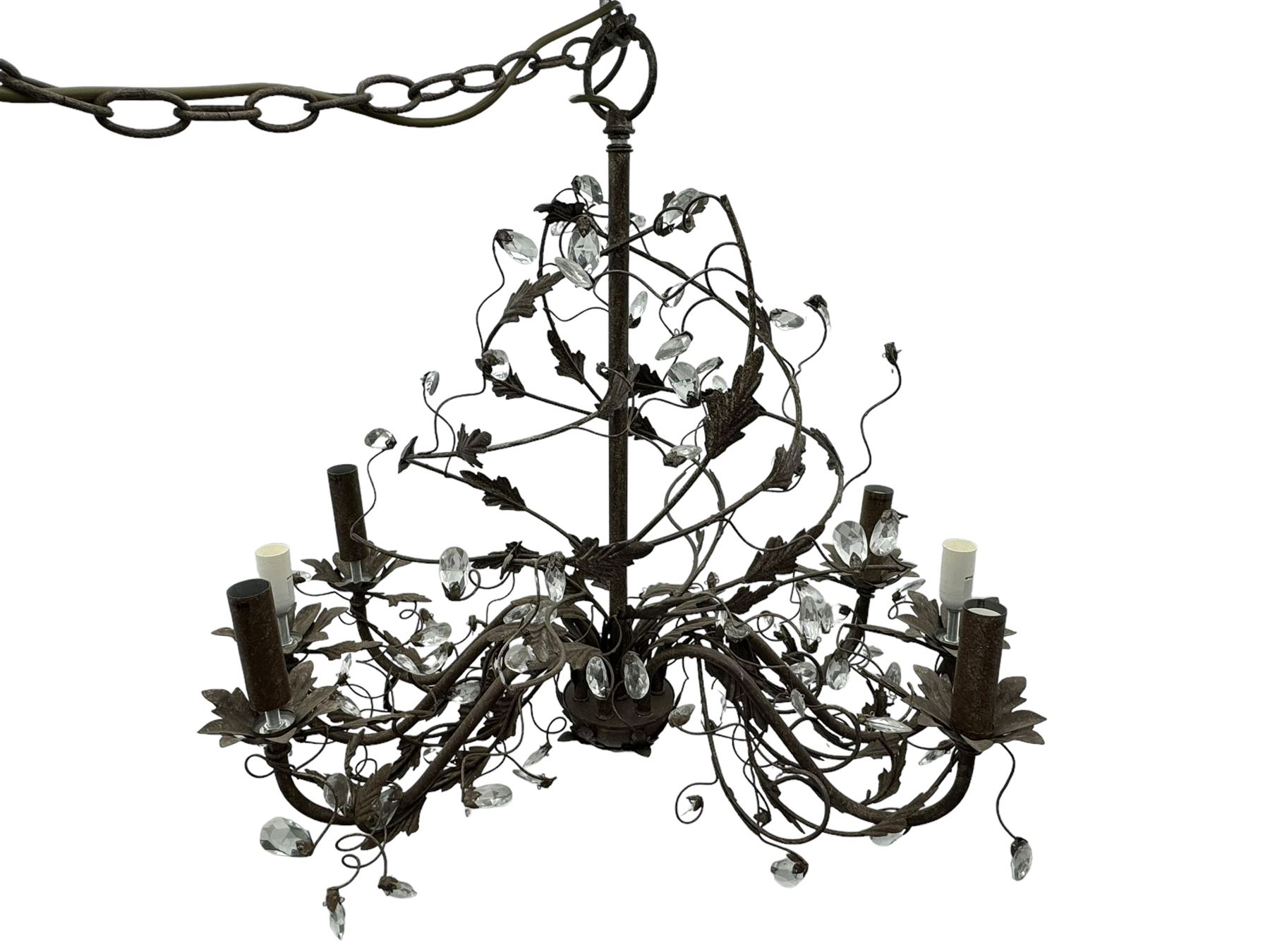 India Jane Interiors - contemporary wrought iron chandelier, adorned with vine and leaf motifs intertwined with faceted glass crystal drops, curved arms supporting six candle-style light fittings, the central stem terminating in a suspension loop