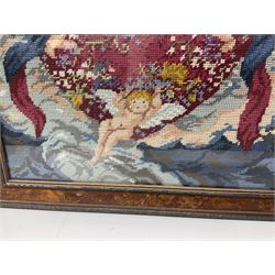 Two framed needlework samplers, the first example depicting a house and garden scene, the second cherubs