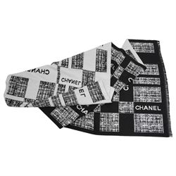 Chanel silk scarf, monochrome design with Chanel branding, in original box, with tags 190cm x 61cm 