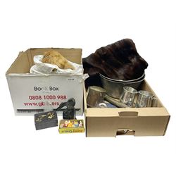 Lazy fish bottle opener, together with fur stole, lacquered box and other collectables, in two boxes  