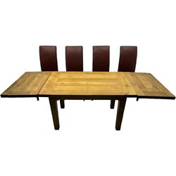 Oak dining table, rectangular plank with two extension leaves at each end, central drawer with brass handle, supported by square legs (L131cm - 233cm, D80cm, H76cm); four high-back dining chairs, the chairs upholstered in dark brown leatherette with stitched detailing, on square tapering legs (H108cm)