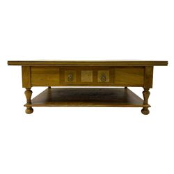 Barker & Stonehouse 'Flagstone' range mango wood coffee table, fluted rectangular top with marquetry inlay, over two drawers with turned supports connecting undertier, raised on bun feet 