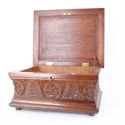 19th century Continental mahogany and oak box, carved in high relief with classical figures, harp, musical trophies, anthemion and foliate motifs, H22.5cm L48cm D38.5cm