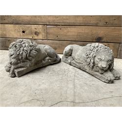 Pair of small cast stone sleeping Trafalgar Lions