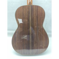British hand made classical acoustic guitar by Huw Morgan with Indian rosewood back and sides and spruce top; bears label dated May 1998; L100cm; in Tribal Planet lightweight carrying case