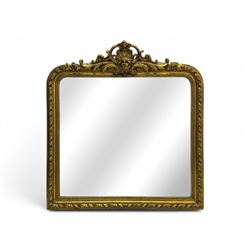 18th century design ornate gilt framed overmantle mirror, bevelled mirror plate within arc...