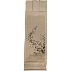 Chinese School (Early 20th century): Grouse Under Blossom Tree, watercolour on silk backed onto scroll signed with artists seal 130cm x 52cm