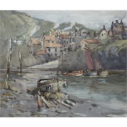 Nelson Ethelred Dawson (British 1860-1941): Fishing Boats at Low Tide Robin Hoods Bay, watercolour signed 21.5cm x 25.5cm