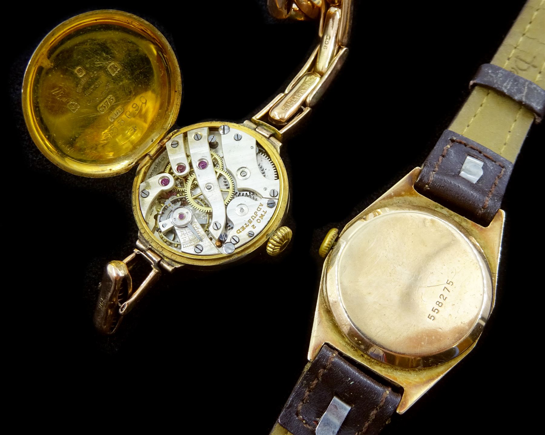 Early 20th century gold manual wind wristwatch, on gold expanding strap, both 9ct and a 9ct gold manual wind wristwatch, on brown leather strap