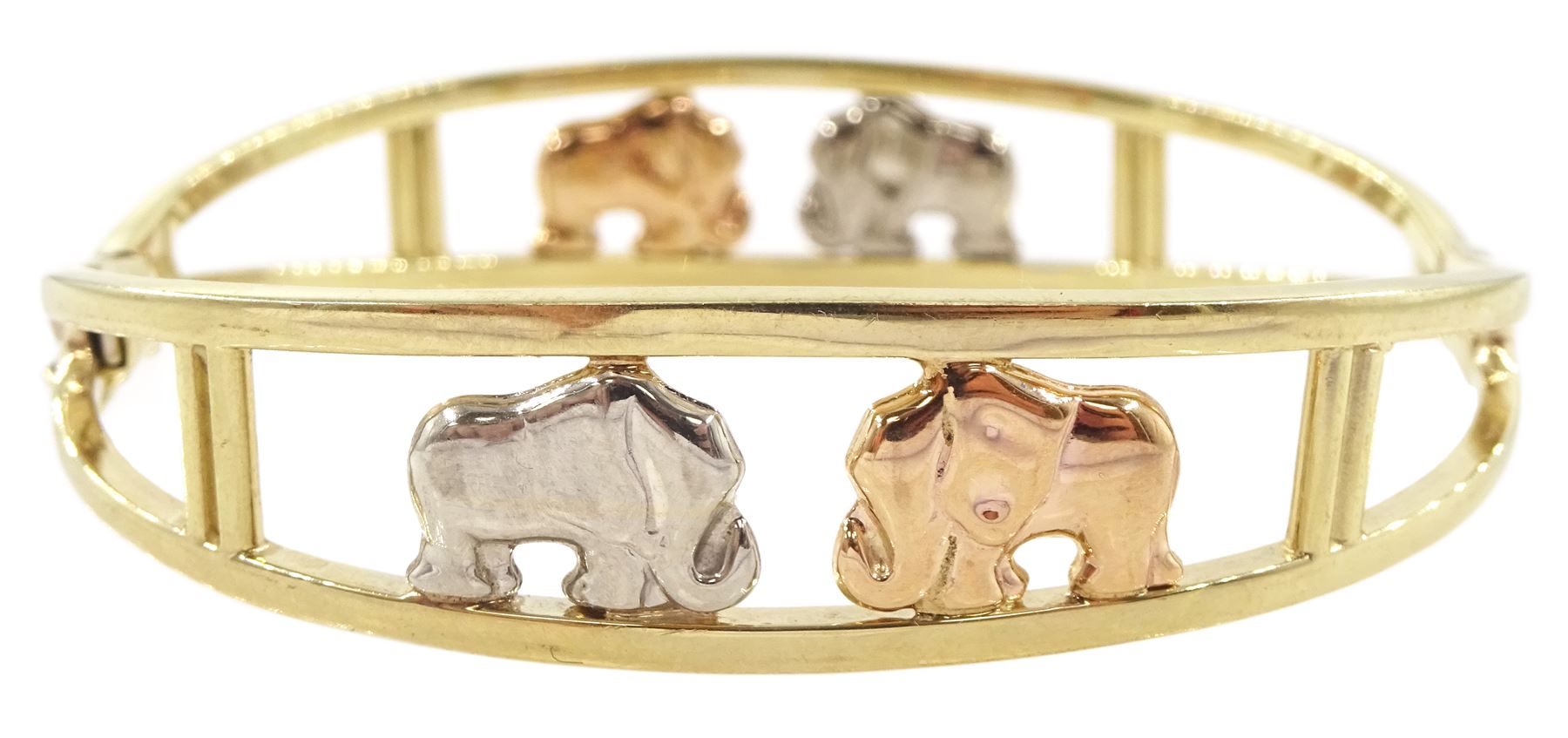 9ct gold elephant design hinged bangle, stamped 375