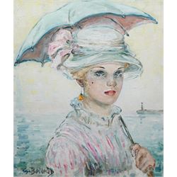  Gisèle Belleud (French 1921-2019): Portrait of 'Anna Maria' an Elegant Lady Holding an Umbrella, oil on canvas signed, titled and dated 1981 verso 53cm x 45cm