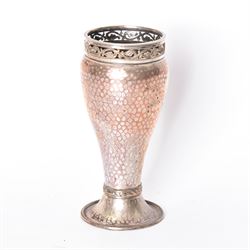 Arts & Crafts silver on copper vase, the body hammered finish, and pierced foliate rim, upon a circular foot, impressed 1729, in H15cm