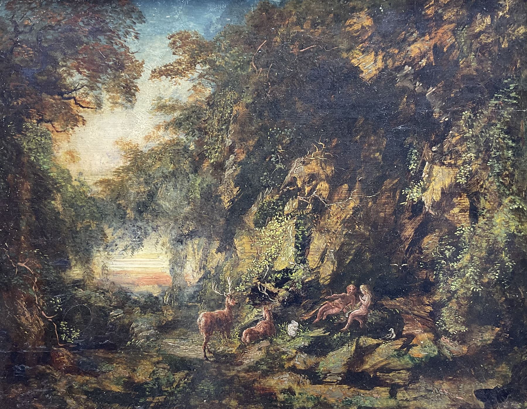 English School (18th century): 'The Garden of Eden with Adam and Eve', oil on panel signed with monogram CH?, titled on printed label verso 24cm x 31cm