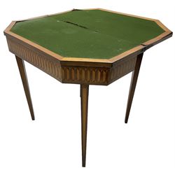 19th century inlaid mahogany card table, rectangular fold-over top with canted front corners, decorated with banded and strung edge with central inlaid fan motif, frieze decorated with geometric inlay, over a single action gate-leg base with square tapering supports