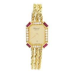 Chopard ladies 18ct gold ruby and diamond quartz wristwatch, Ref. 5152, champagne dial, be...