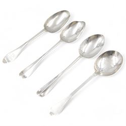 Four Continental silver spoons, probably 18th century German, all with engraved initials