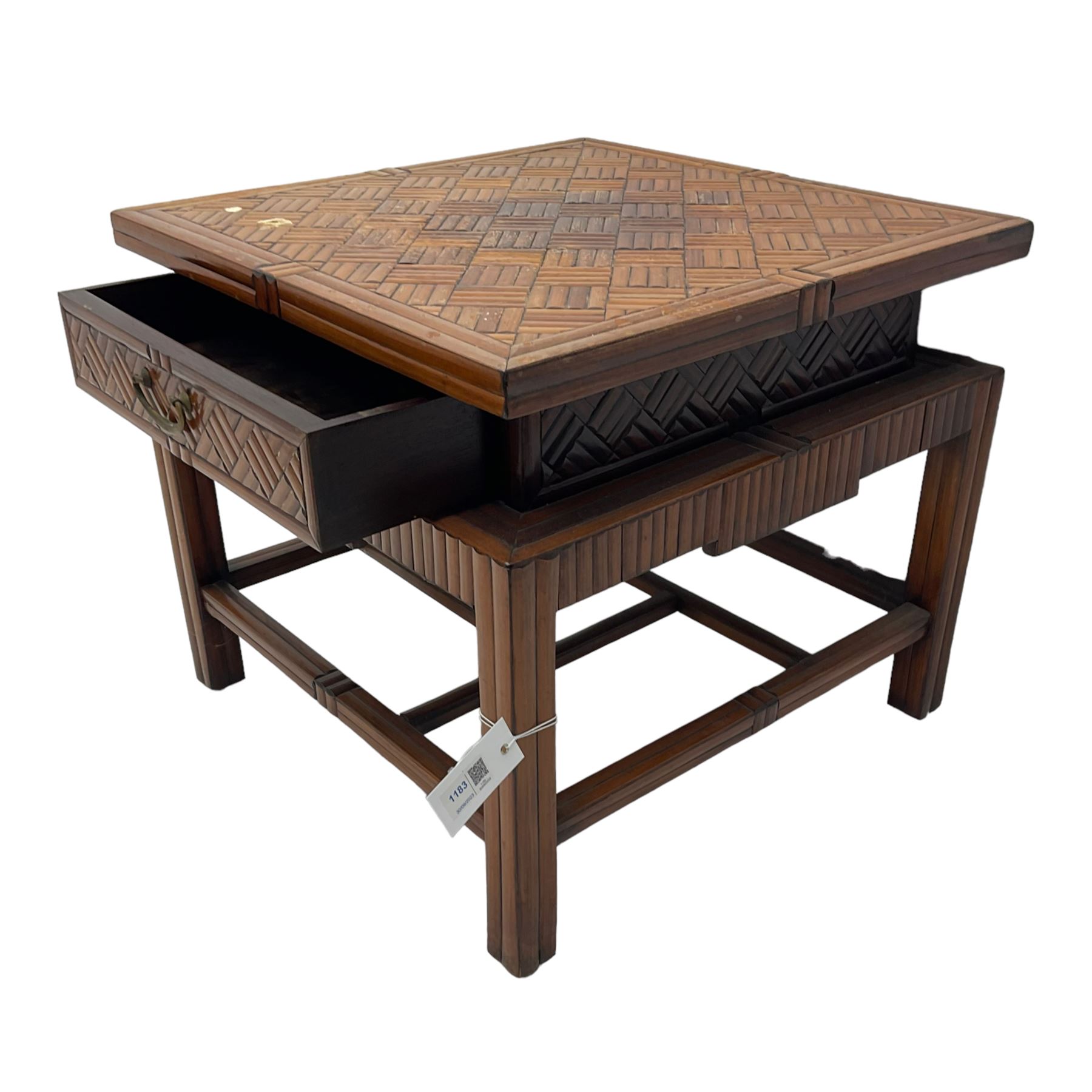 Chinese design bamboo and wood coffee table, parquetry lattice-work bamboo, on square supports joined by a series of geometric stretchers