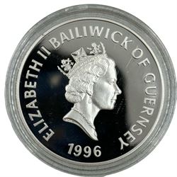 Queen Elizabeth II Bailiwick of Guernsey 1996 'Her Majesty Queen Elizabeth II 70th Birthday' family set comprising gold twenty-five pounds, silver five pounds and silver one pound coins, in Westminster case with certificate