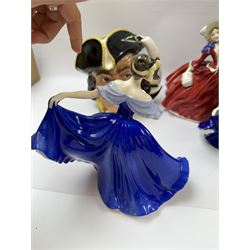 Five Royal Doulton figures, including Ruth, Autumn Breeze, Elaine, together with two Royal Doulton character jugs and Beswick character jug 