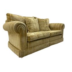 Duresta England - two-seat sofa, upholstered in pale gold fabric, traditional shape with rolled arms