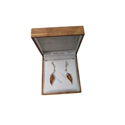 Pair of silver Baltic amber pendant earrings, boxed 