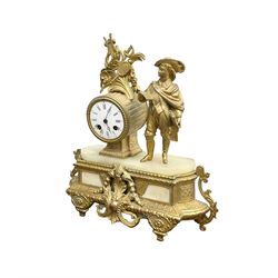 French - mid 19th century 8-day mantle clock with a gilt spelter case and alabaster panels, drum cased movement and figure of an 18th century gallant to the side, white enamel dial with Roman numerals and moon hands, rack striking movement sounding the hours and half-hours on a bell.  With pendulum.