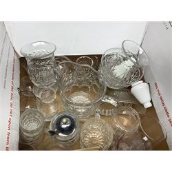 Three boxes of glassware to include mid 20th century drinking glasses with geometric and banded coloured decoration, French bowls, carnival glass, Stuart drinking glasses, etc
