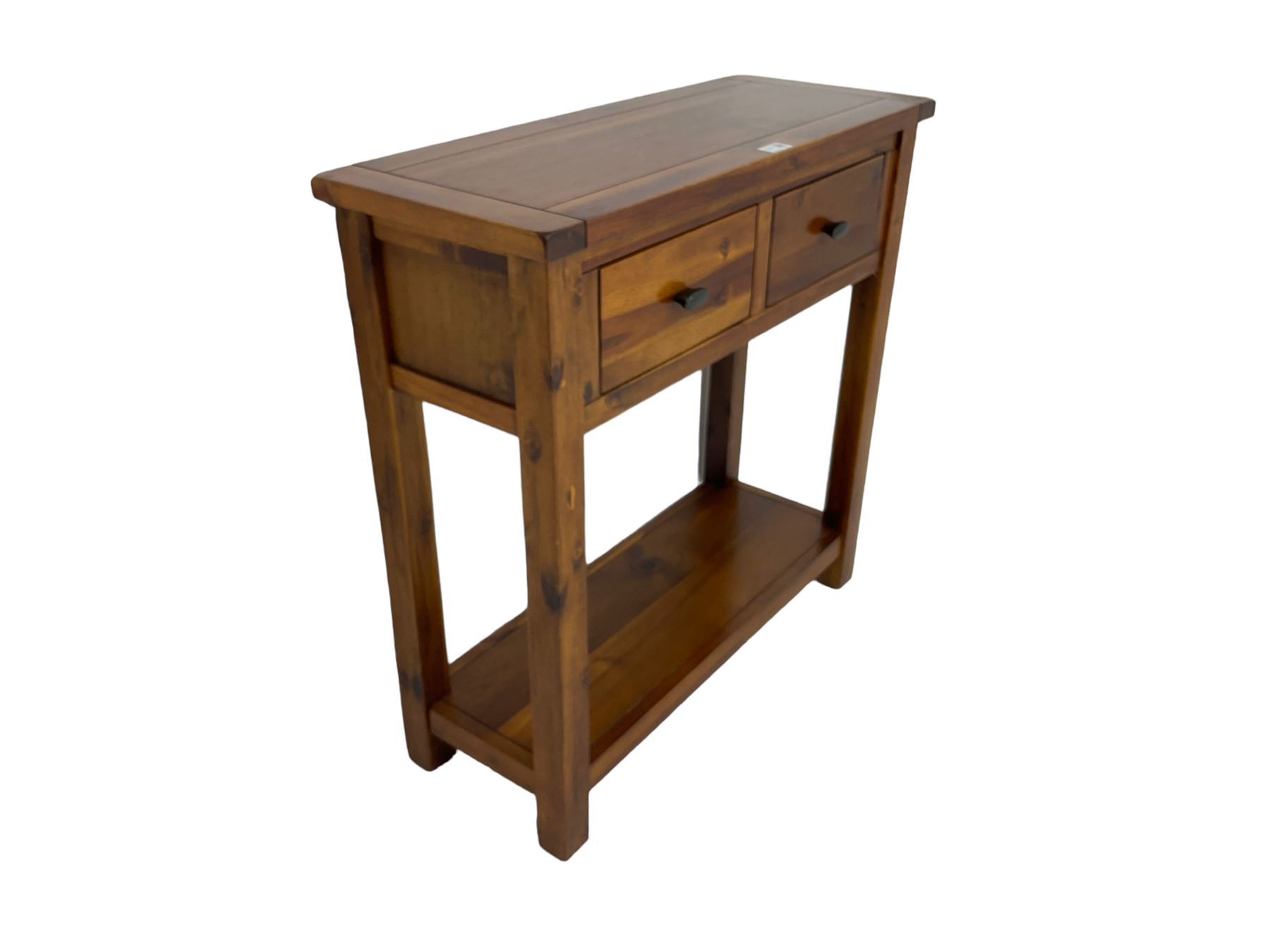 Hardwood side or hall table, rectangular top over two drawers, on square supports joined by undertier 