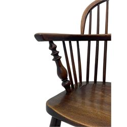 19th century yew wood and elm Windsor armchair, low double hoop stick and pierced splat back, dished seat on turned supports united by crinoline stretchers